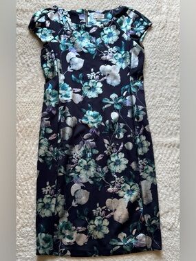 Cap-Sleeve Floral Midi Dress in Black and Teal
